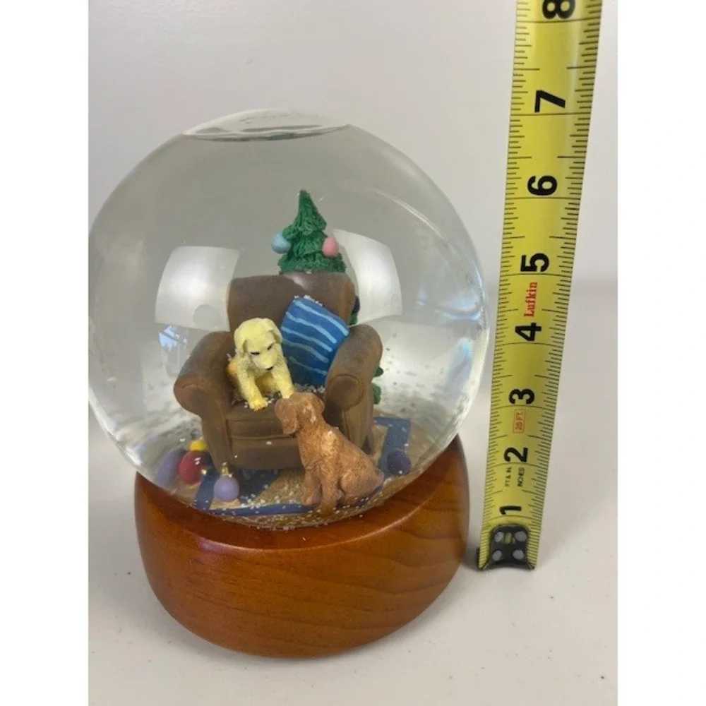 Pottery Barn Y2K‎ Christmas Snow Globe Golden Retriever Puppies Wood Base 7.5 In